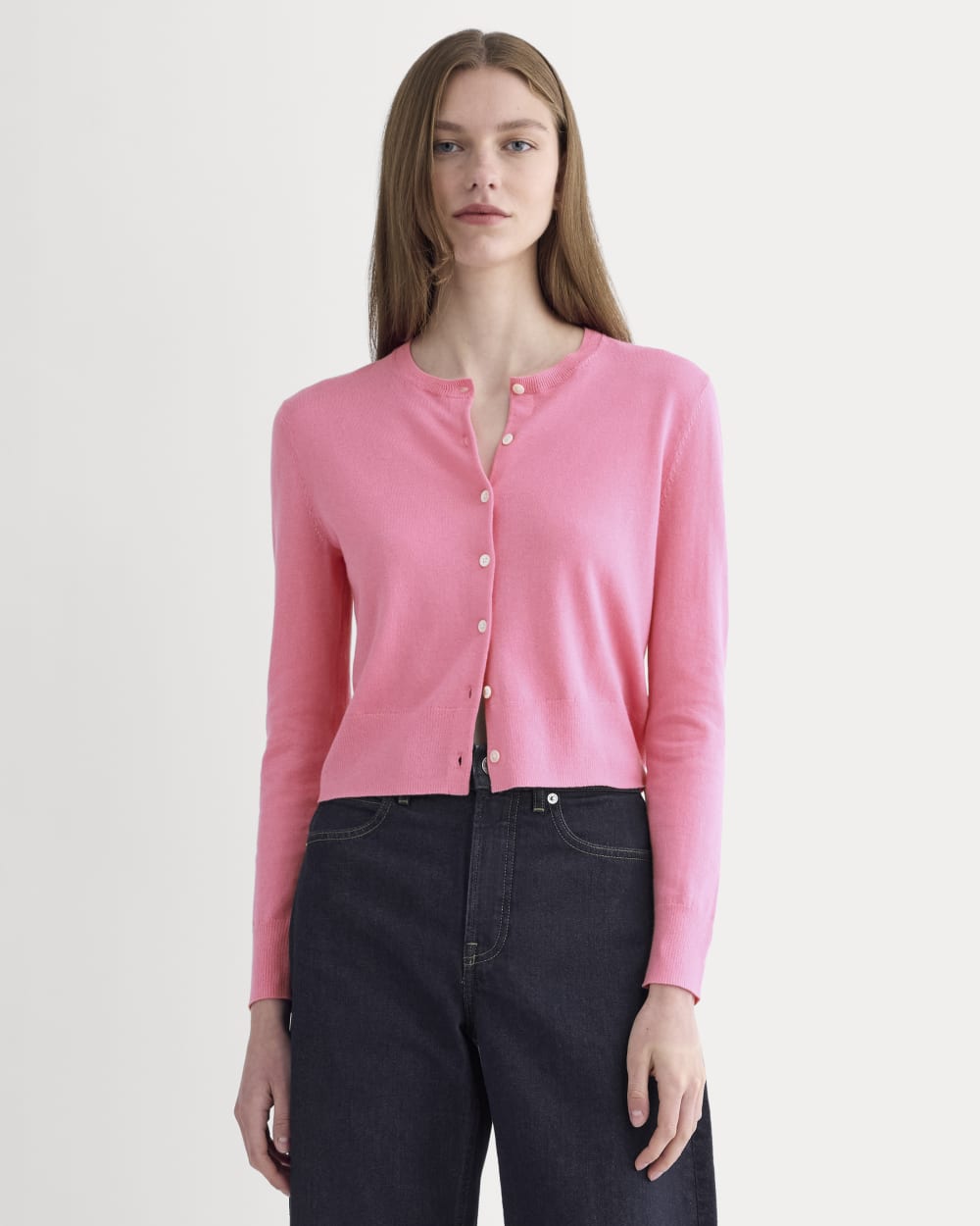 The Cropped Cardigan in Cotton Cashmere in Deep Pink — front view