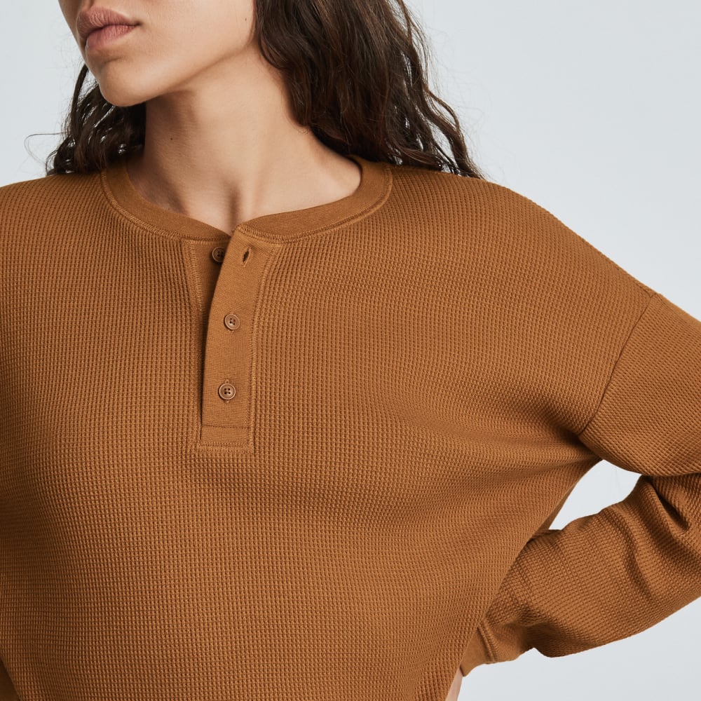 The Organic Cotton Waffle Henley in Toasted Almond — detail view