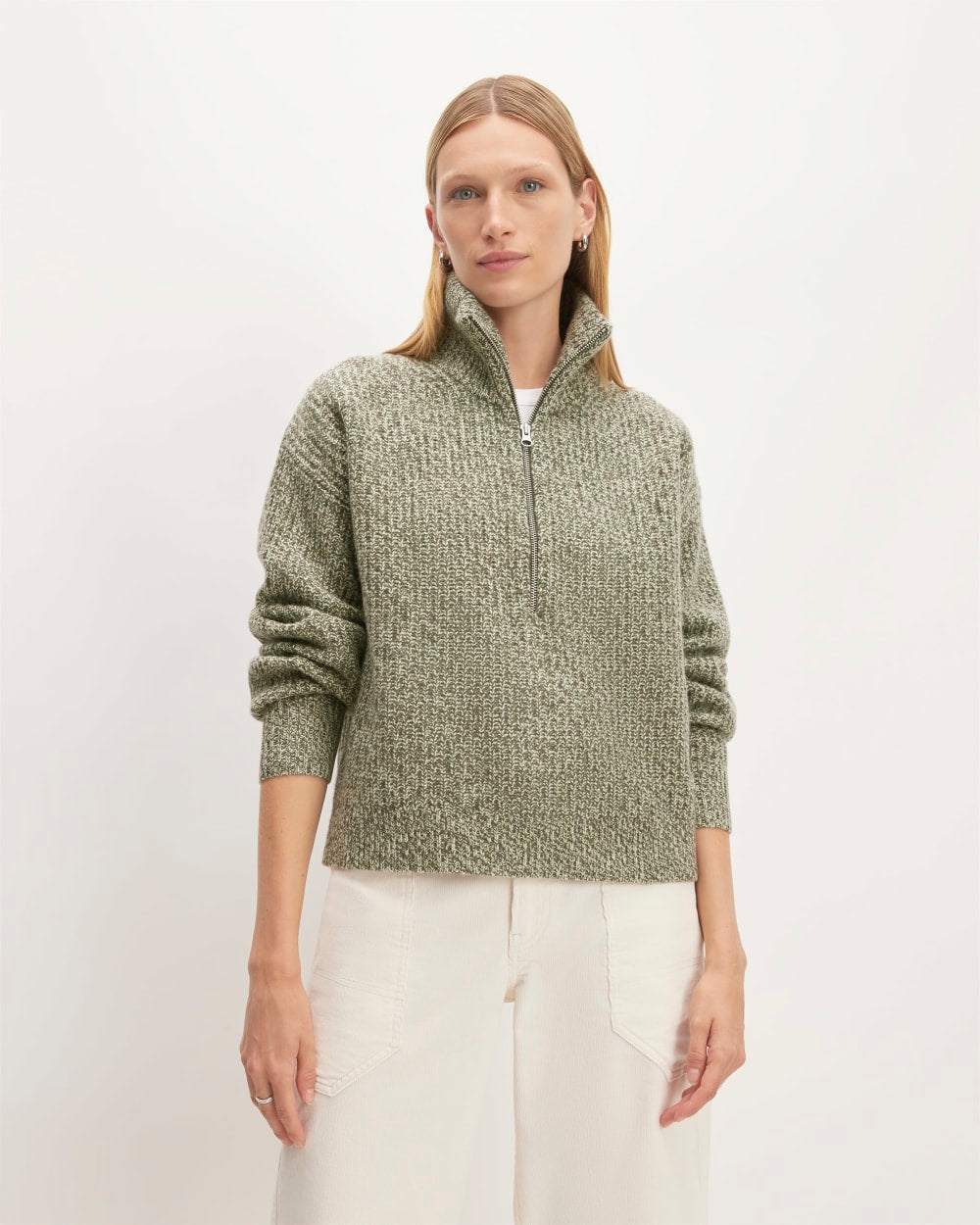 The Half-Zip Sweater in Luxe Merino in Seafoam Green / Kambaba Twist — front view