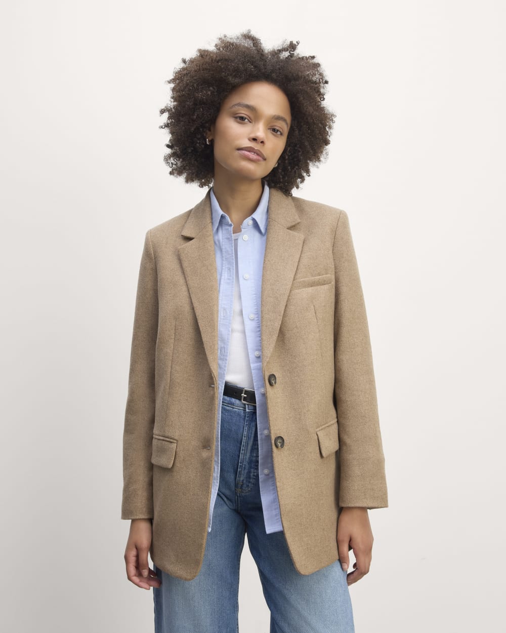 The Oversized Blazer in Wool in Beige Twill — front view