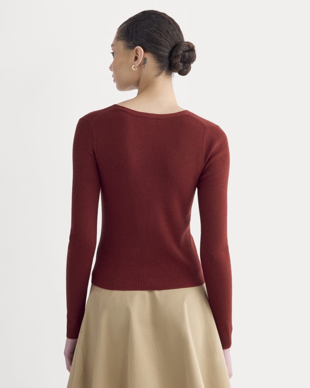 The Cardigan in Ultrasoft Merino in Merlot — detail view