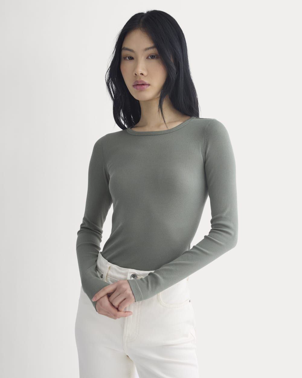The Luxe Rib Long-Sleeve Crew in Agave Green — front view