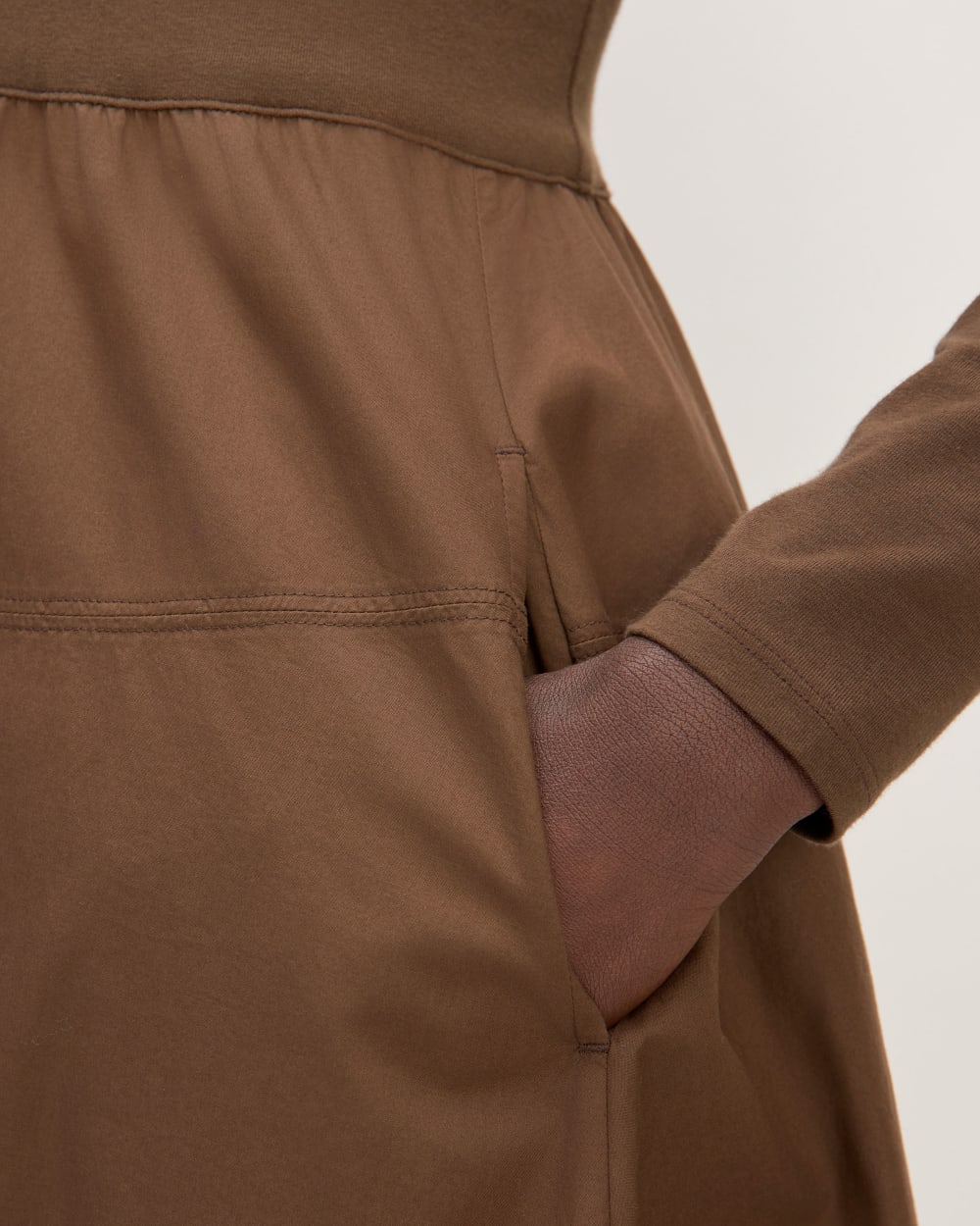 The Long-Sleeve Riviera Dress in Cocoa — detail view