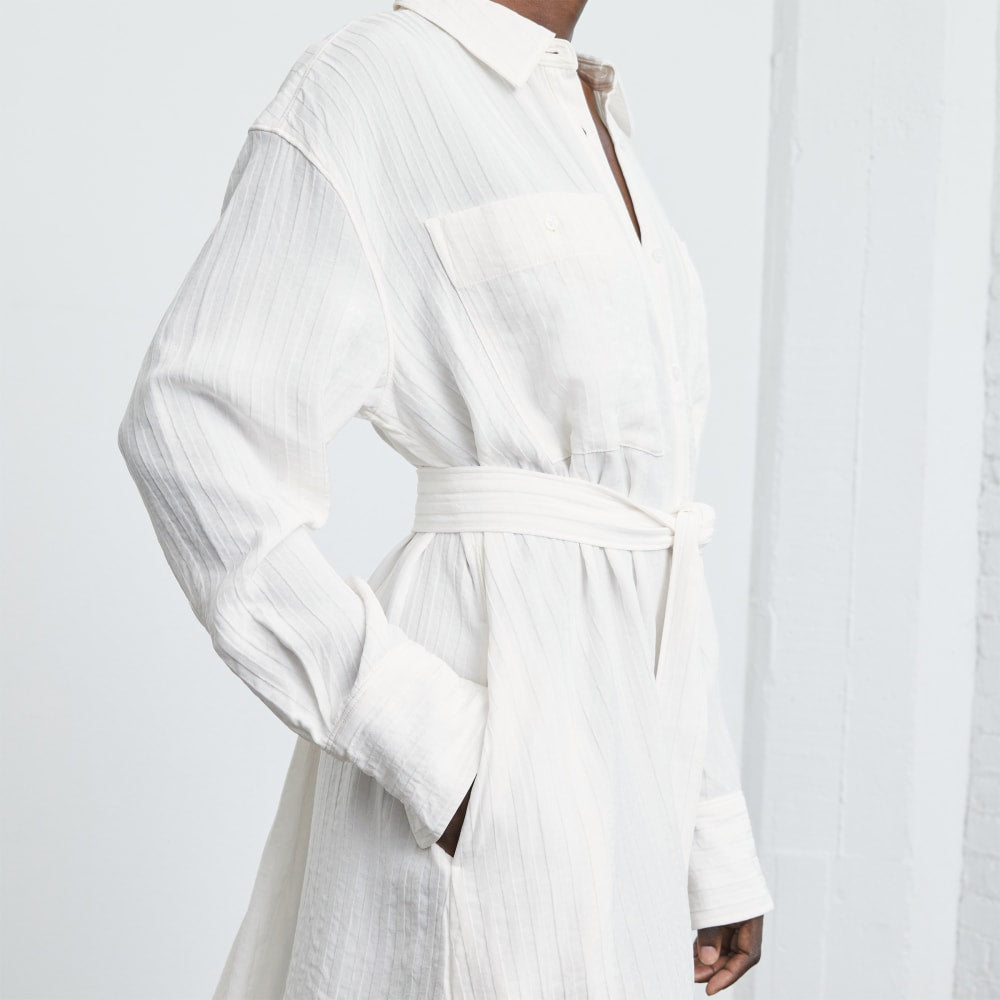 The City Stripe Draped Shirt Dress in Bone — detail view