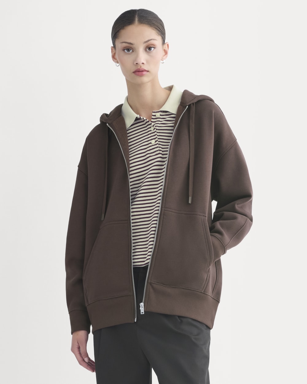 Luxe Fleece Oversized Full-Zip Hoodie in Dark Chocolate — front view