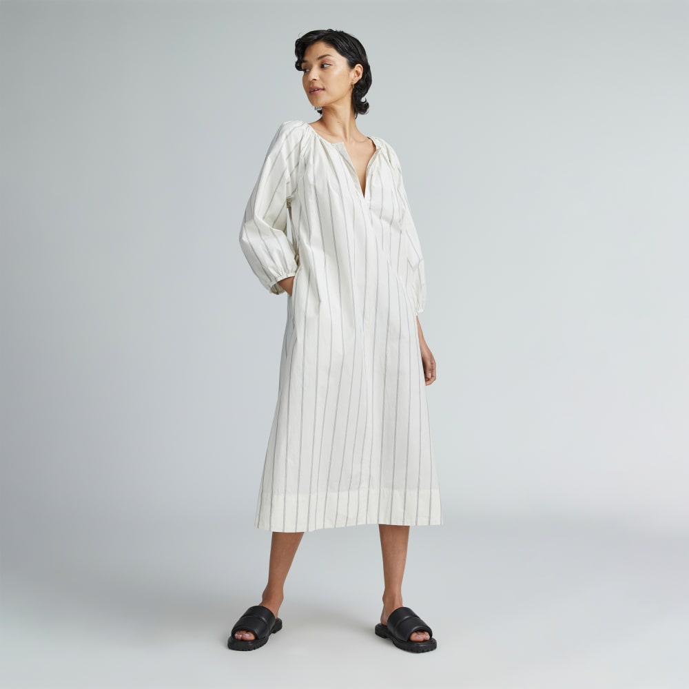 The Raglan Sleeve Poplin Dress in Black / Canvas Tan — front view