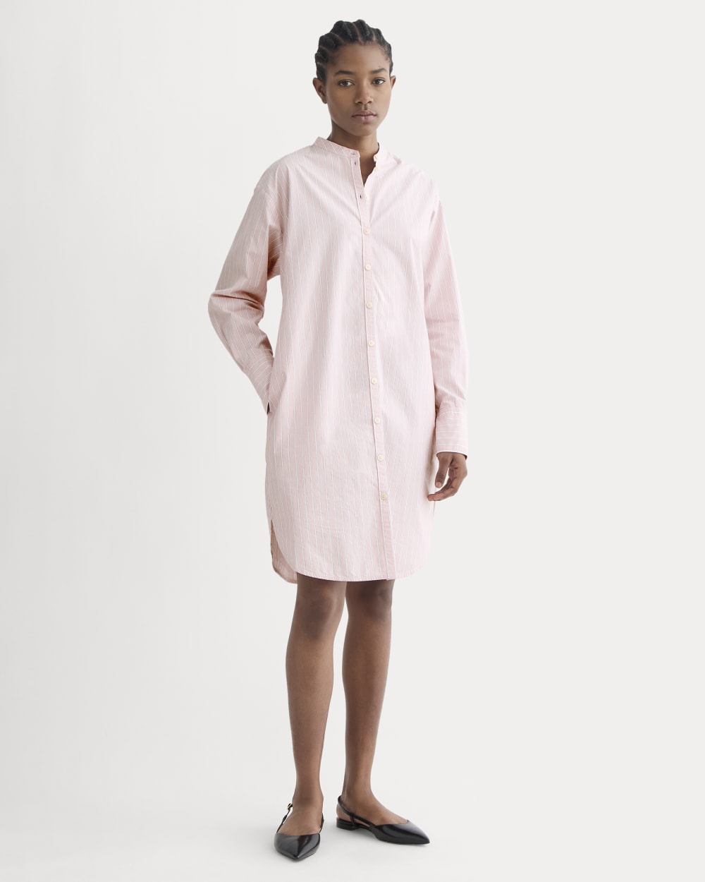The Relaxed Shirt Dress in Ultrasoft Cotton in Pink / White — front view