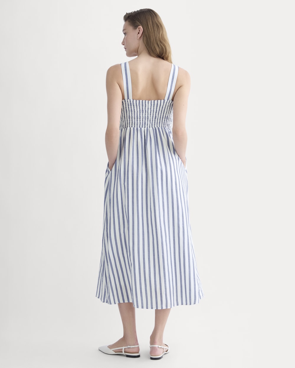 The Gauze Smock Dress in White / Mazarine Blue — detail view
