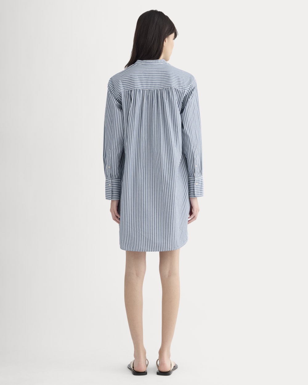 The Relaxed Shirt Dress in Ultrasoft Cotton in Bone / Mazarine Blue — detail view