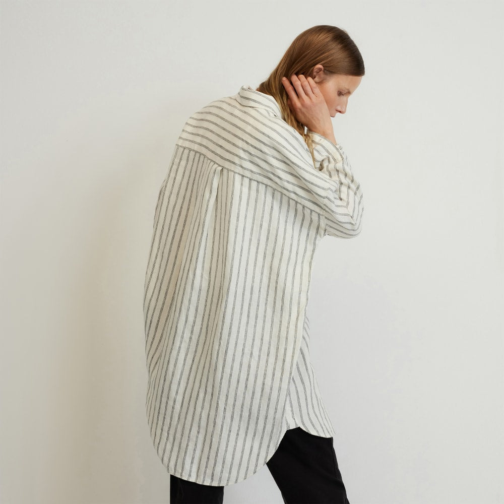 The Way-Long Linen Shirt in Black / Canvas Tan — detail view