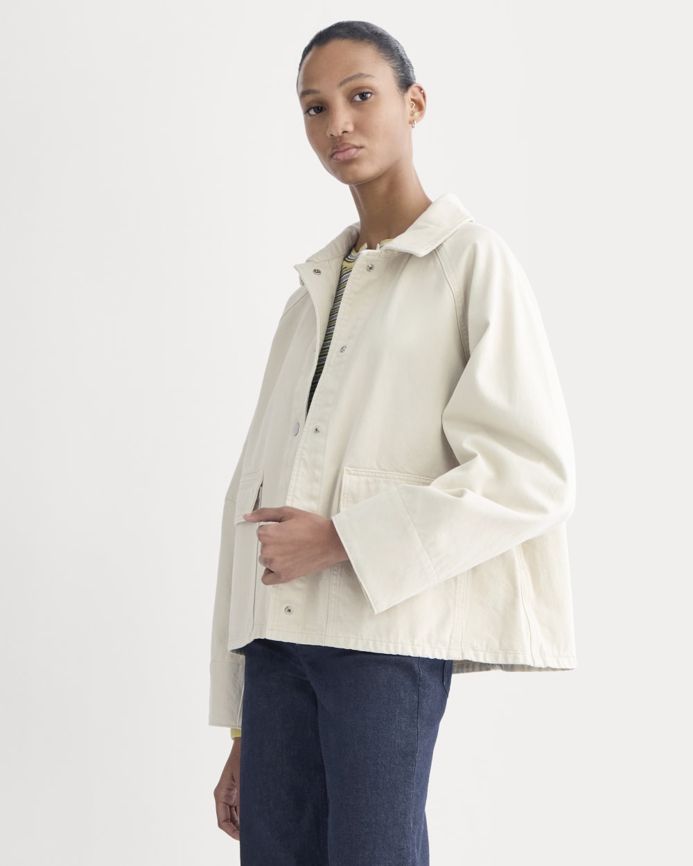 Cropped Denim Jacket in Garment-Dyed Sand — detail view