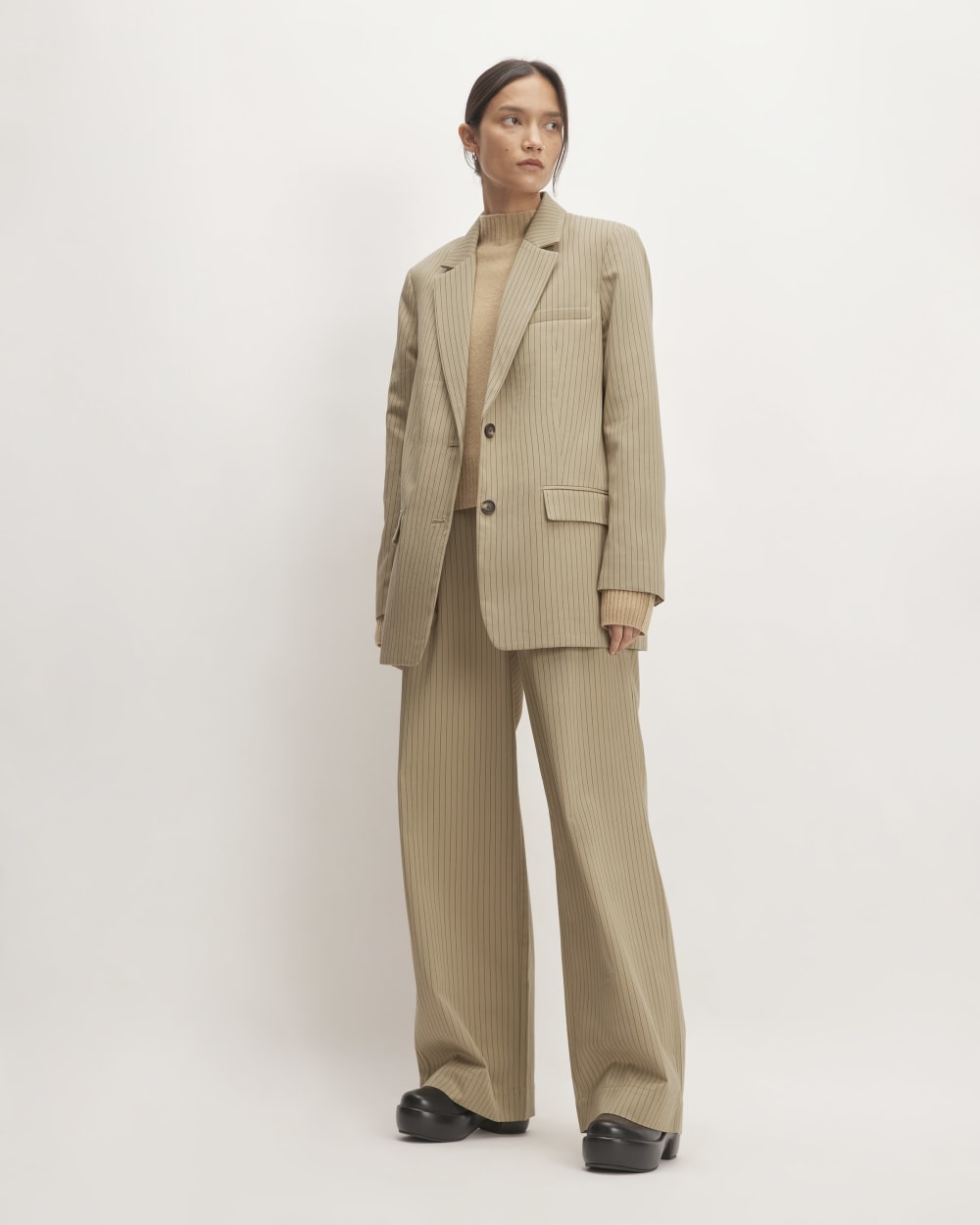 The Oversized Blazer in Buttersmooth in Cornstalk / Black — detail view