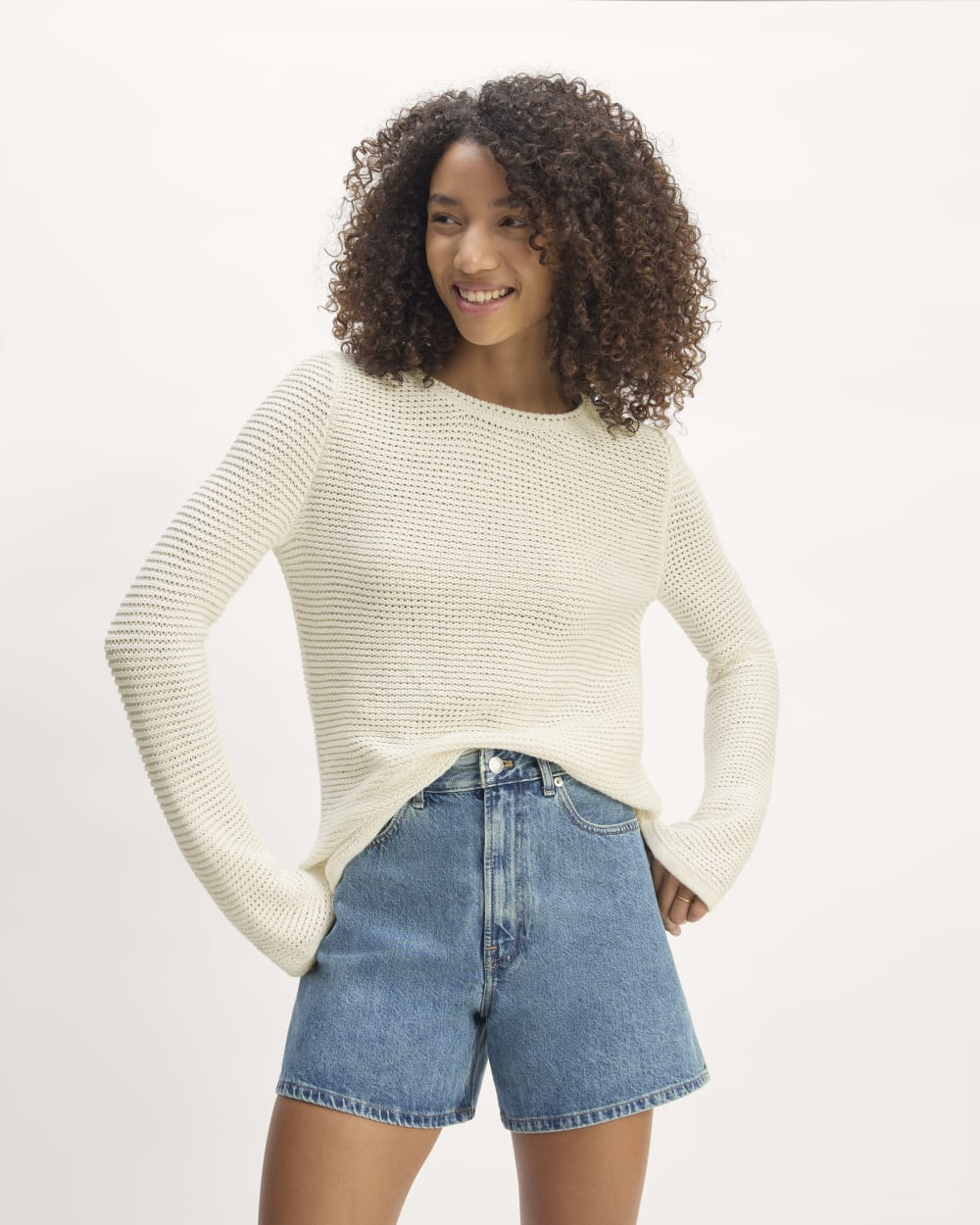 The Organic Cotton Open-Stitch Crew in Bone — detail view
