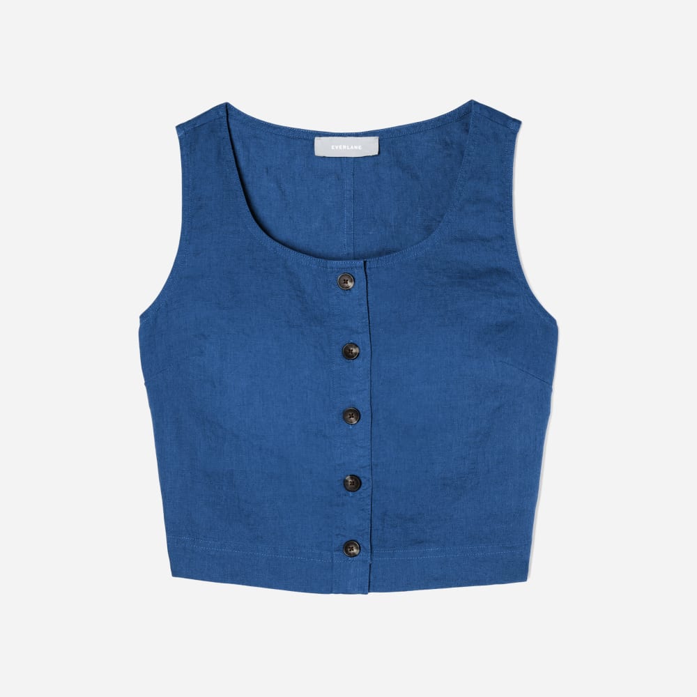 The Linen Button-Front Crop Tank in Deep Blue — front view
