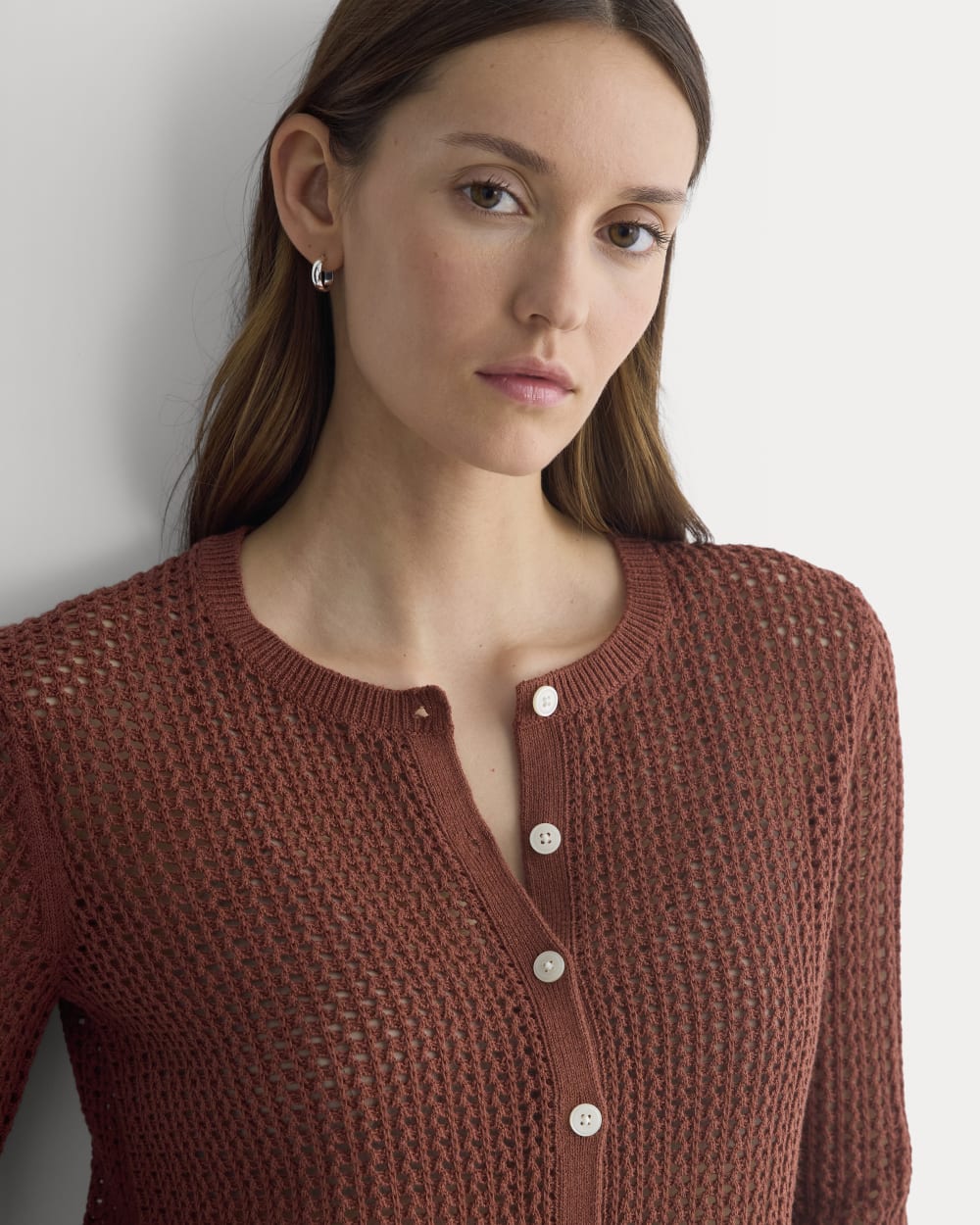 Lace-Knit Cardigan in Henna Red — detail view