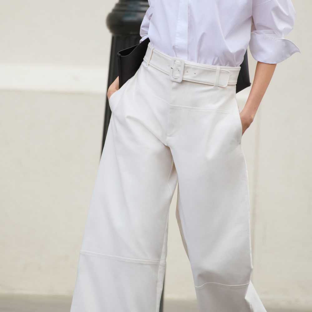 The Structured Cotton Belted Pant in Bone — detail view