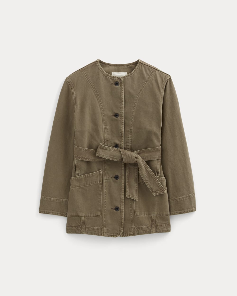 The Long Denim Barrel Jacket in Garment-Dyed Chocolate — alternate view
