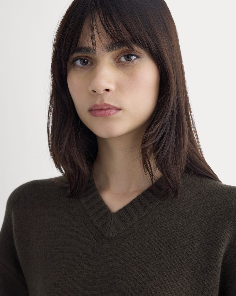 V-Neck Sweater in Extrafine Luxe Merino in Coffee Bean — detail view