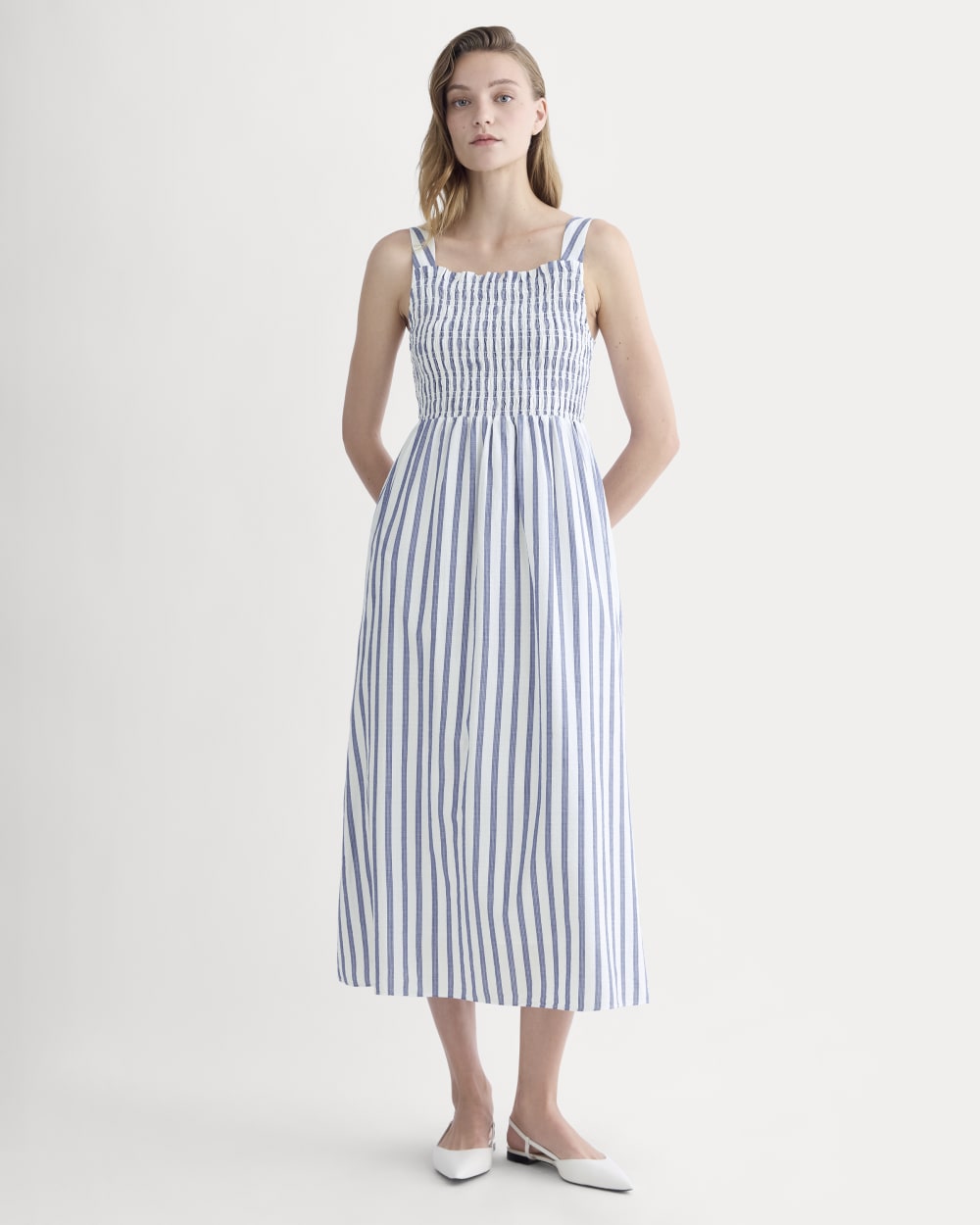The Gauze Smock Dress in White / Mazarine Blue — front view