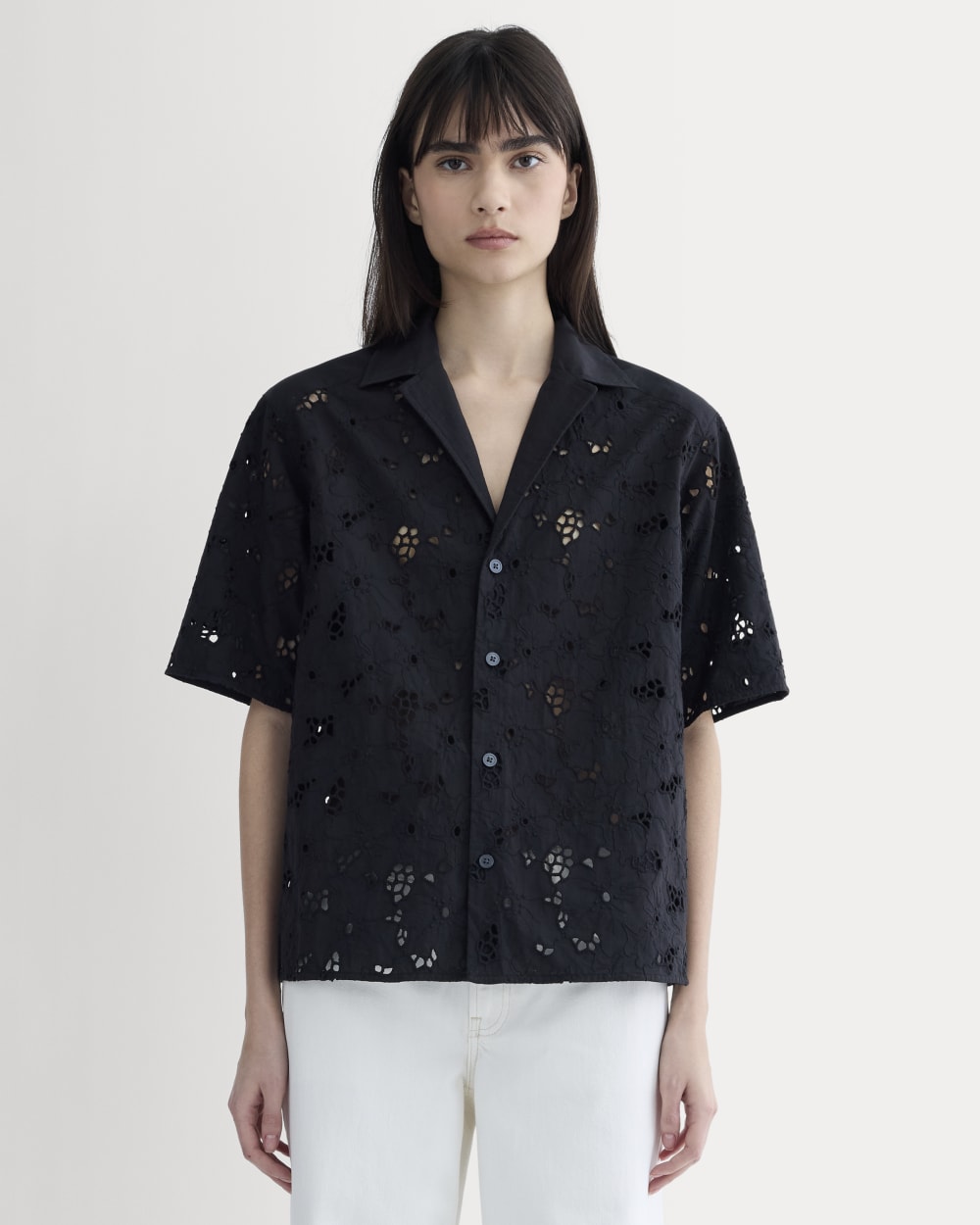 The Eyelet Camp Shirt in Black — front view