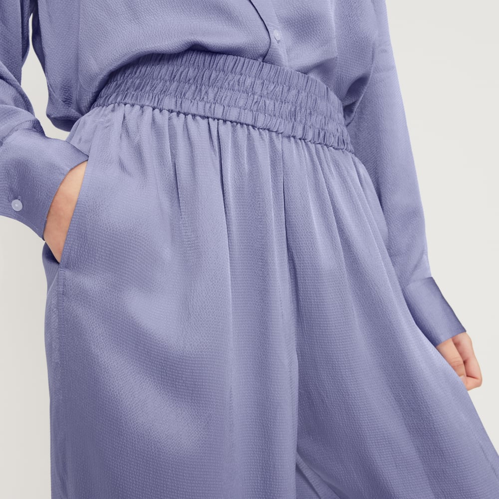 The Satin Pull-On Pant in Cornflower Blue — detail view