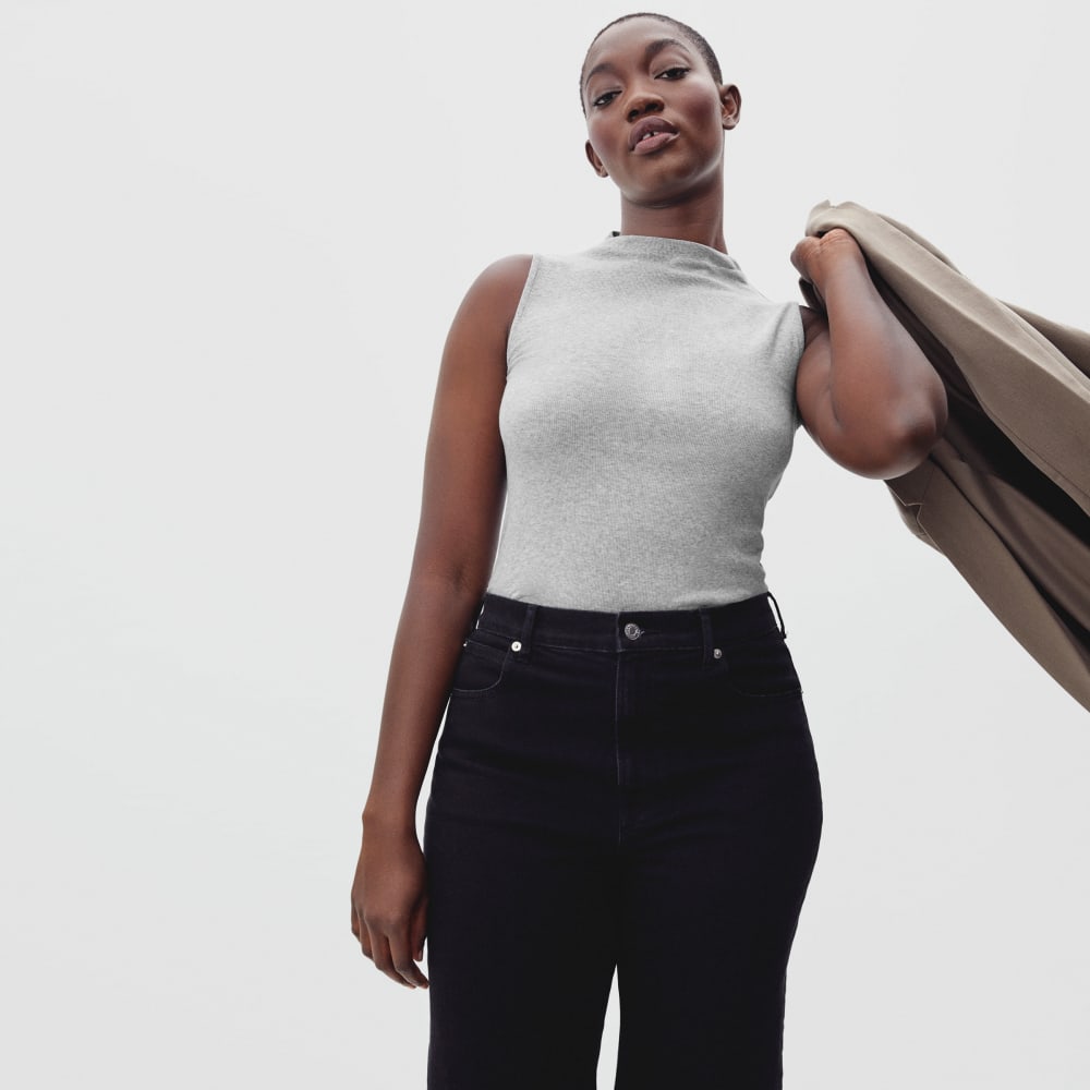The Pima Micro-Rib Funnel-Neck Tank in Heathered Grey — front view