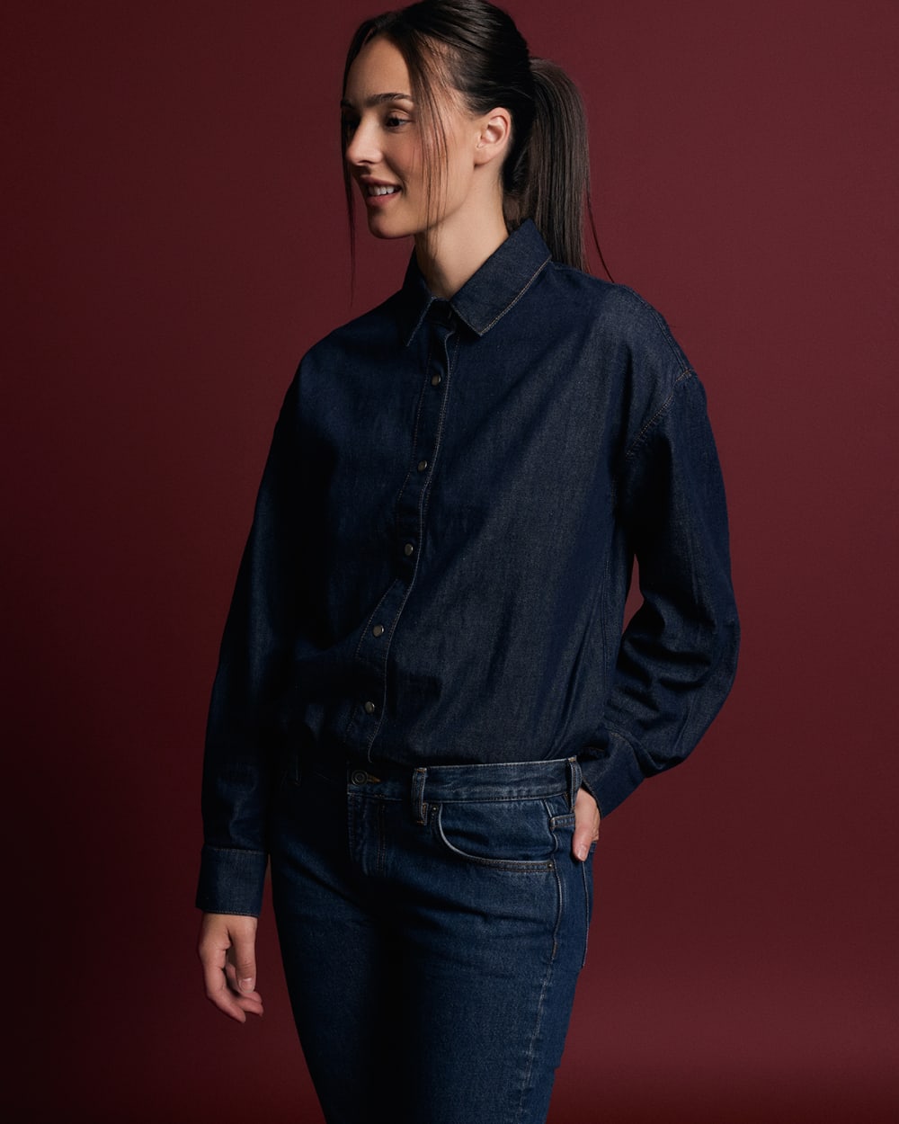 Everlane x Elena Bonvicini Balboa Button-Up Shirt in Deep Bay Indigo — detail view