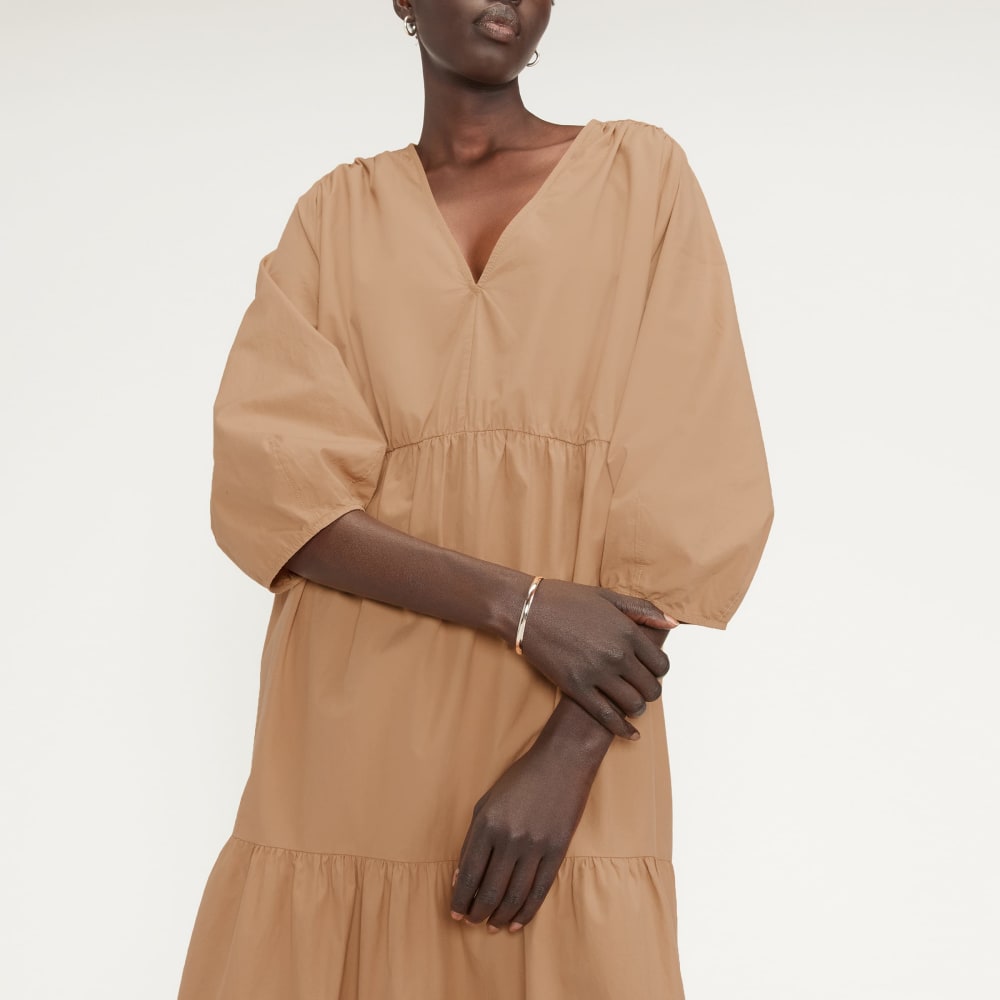 The Poplin Tiered Dress in Caramel — detail view