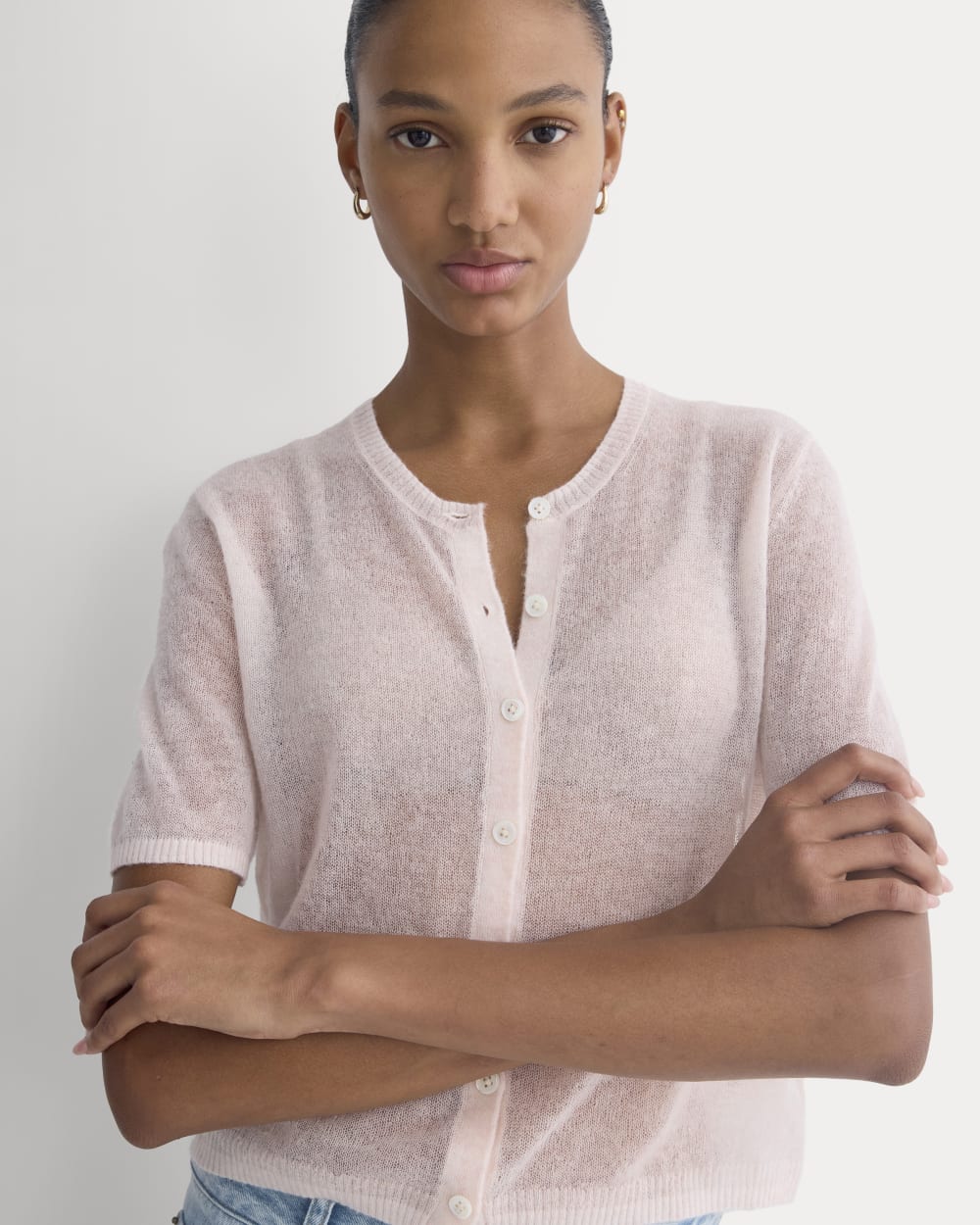 The Air Alpaca™ Short-Sleeve Cardigan in Soft Pink — detail view