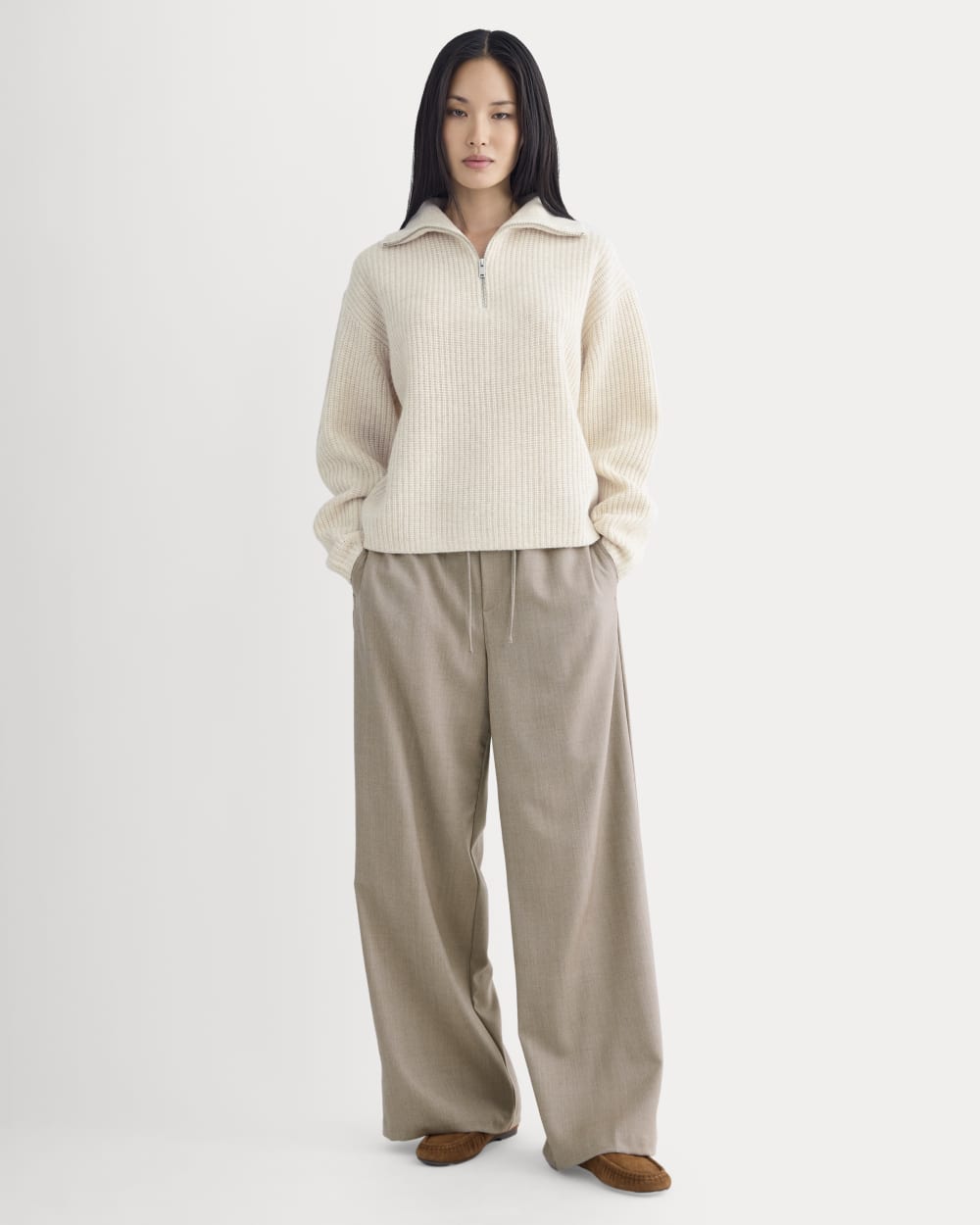 The Half-Zip Sweater in Luxe Merino in Heathered Oat — detail view