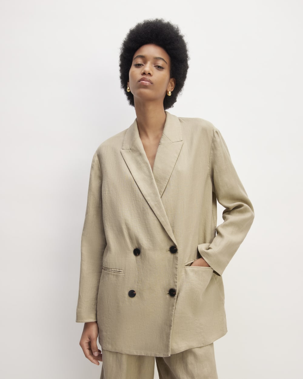 The Linen Double Breasted Blazer in Trench Coat Khaki — front view