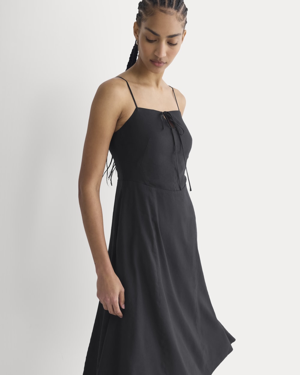 Tie-Neck Dress in Stretch Linen in Black — detail view