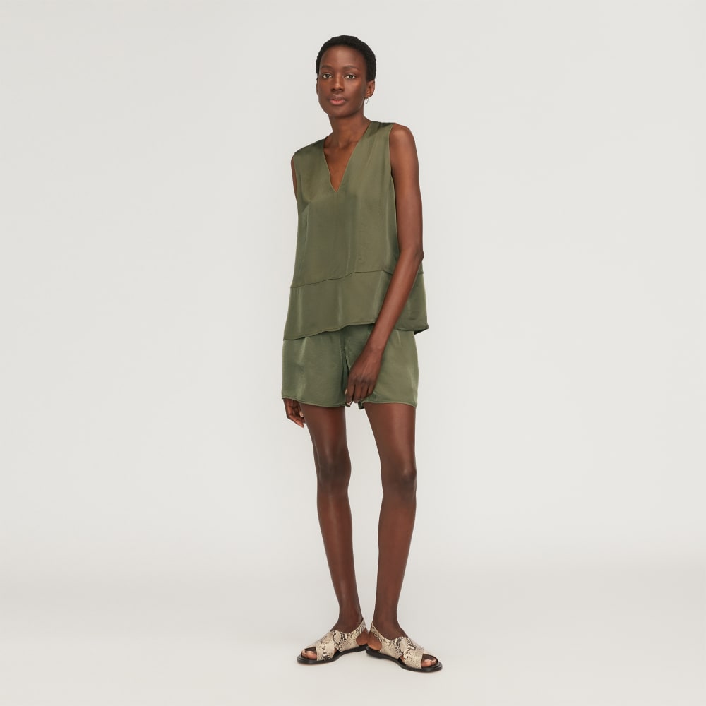 The Satin V-Neck Top in Kalamata — detail view