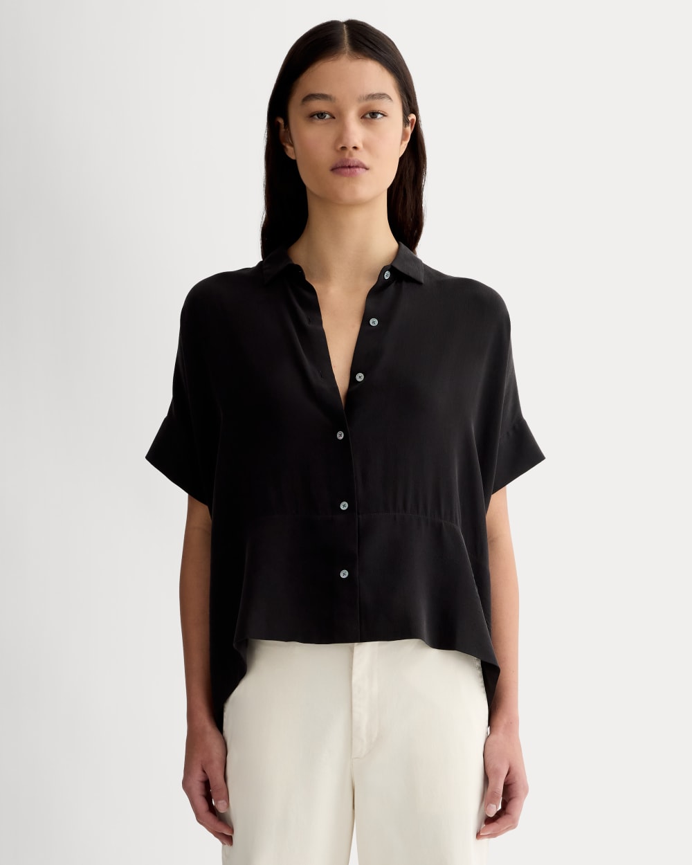 The Boxy Shirt in Washable Silk in Black — front view