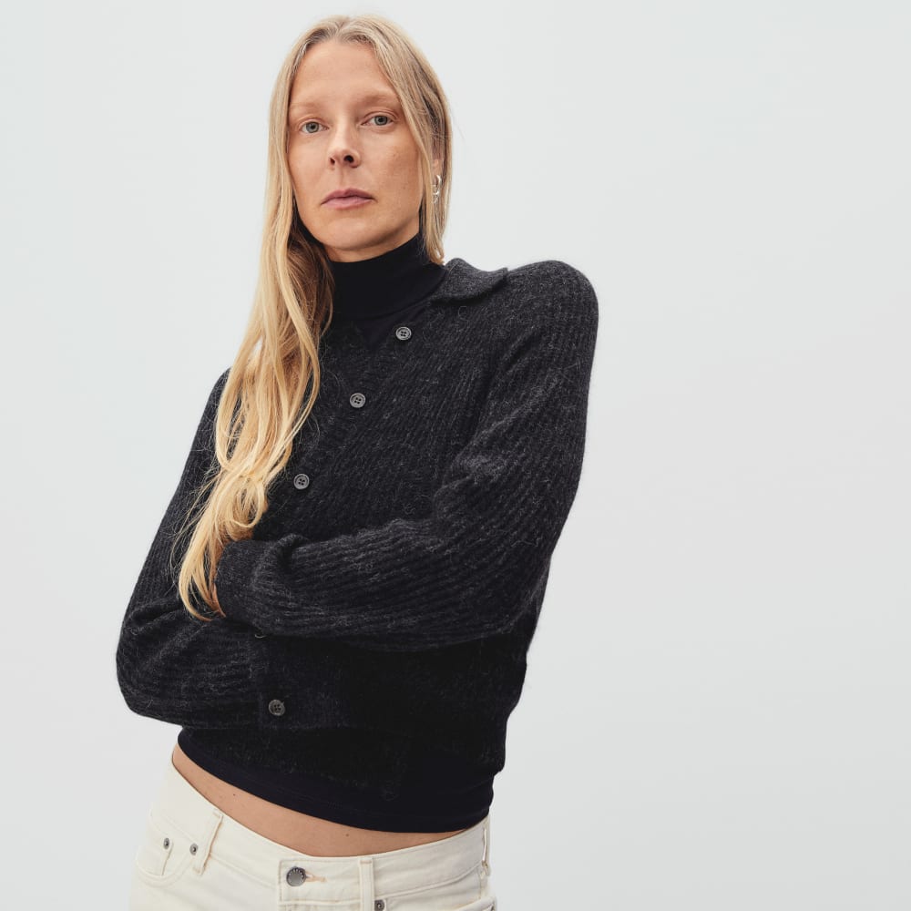 The Alpaca Collared Cardigan in Heathered Black — alternate view