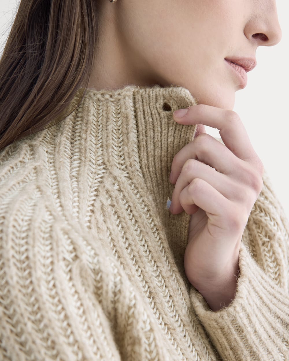 Funnel-Neck Ribbed Henley Sweater in Heathered Almond / Bone Vertical Stripe — detail view