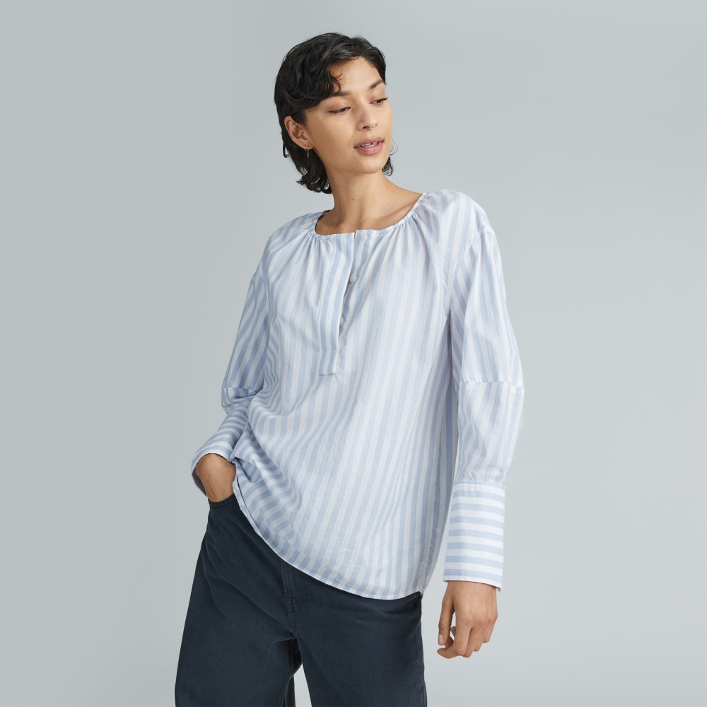 The Silky Cotton Balloon Sleeve Top in Periwinkle / White — front view