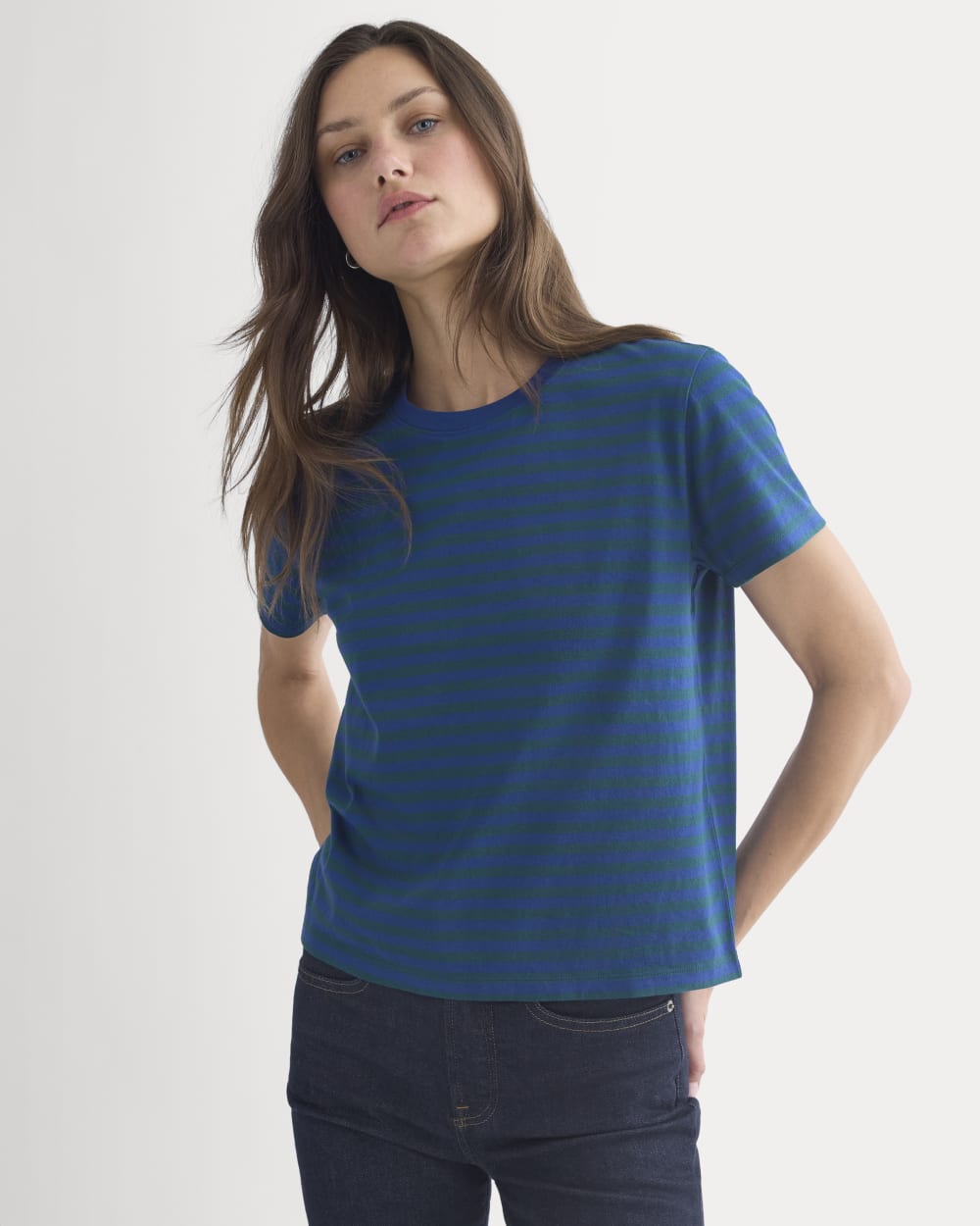 The Box-Cut Tee in Essential Cotton in Navy Peony/Dark Sea — front view