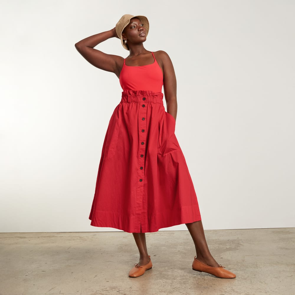 The Easy Button-Front Skirt in Goji Berry — detail view
