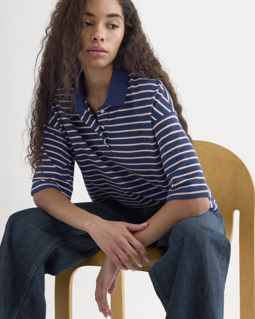 Pique Boxy Polo in Estate Blue/Henna/Gardenia — front view