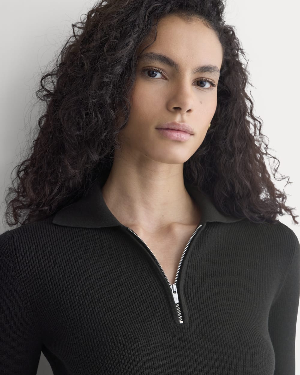 Knit Quarter-Zip Polo Dress in Black — detail view