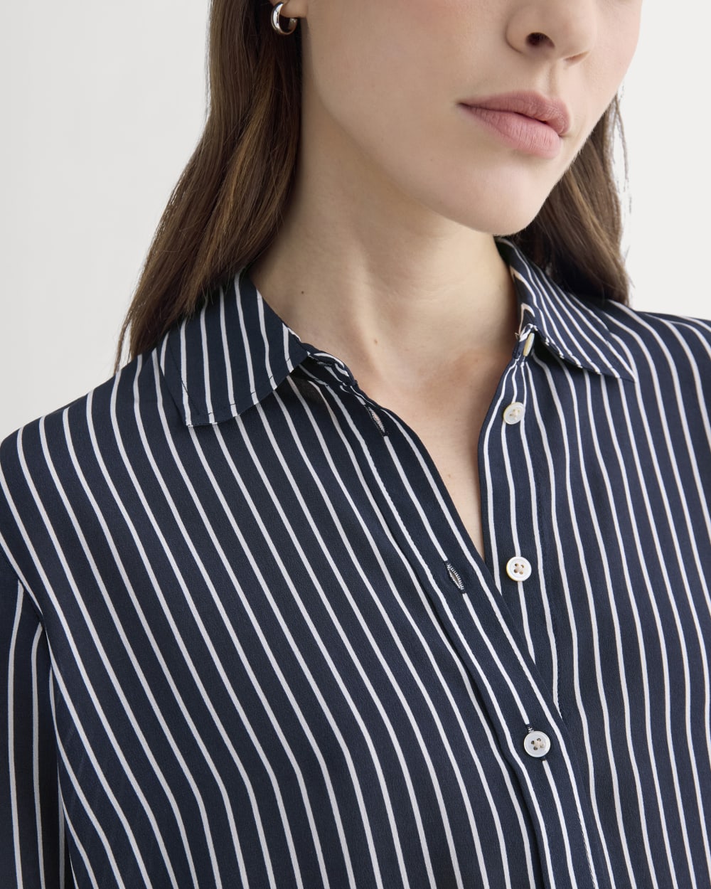 The Must-Have Shirt in Washable Silk in True Navy / Bone Stripe — detail view