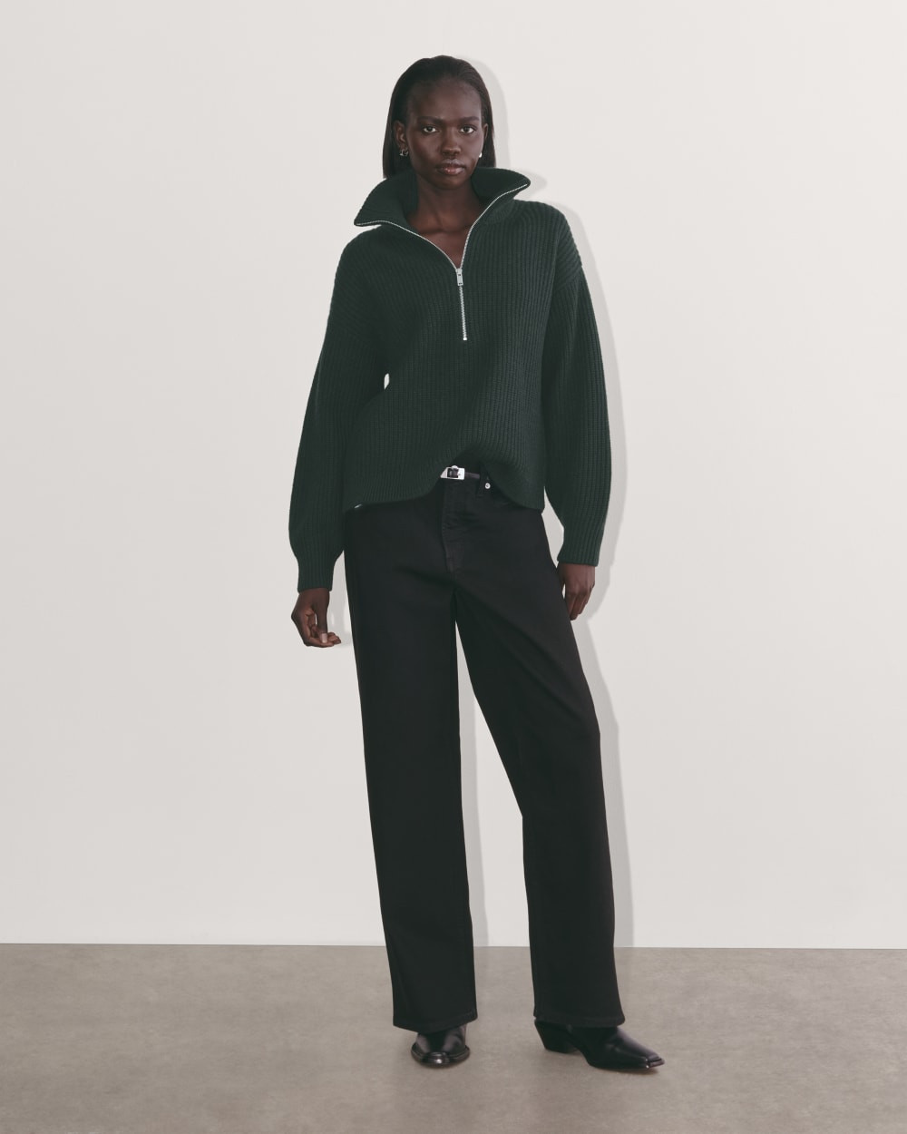 The Half-Zip Sweater in Luxe Merino in Heather Scarab Green — detail view