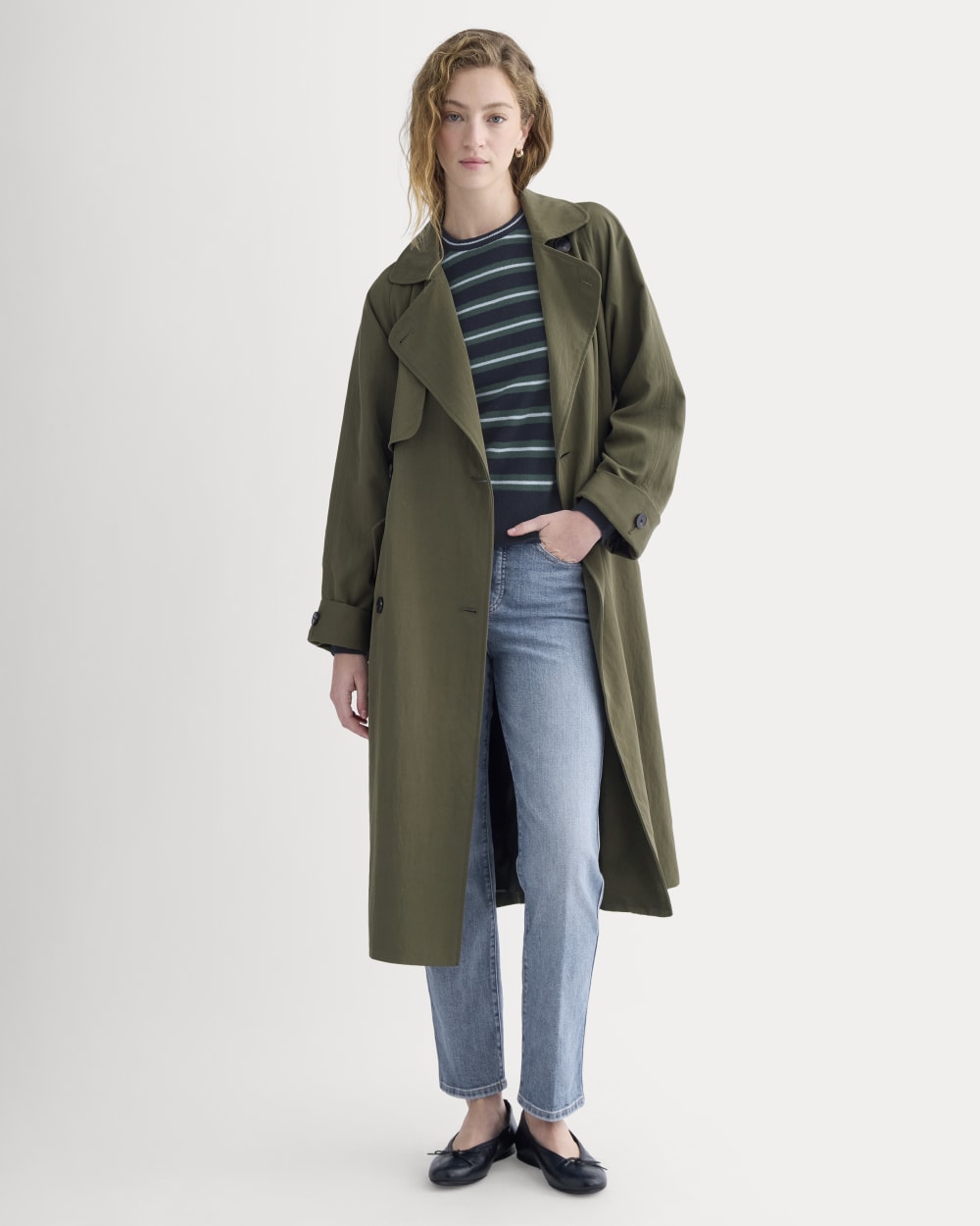 Drapey Twill Trench in Olive Night — front view