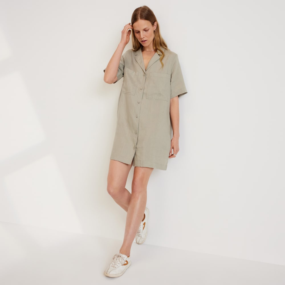 The Linen Workwear Dress in Seagrass — front view