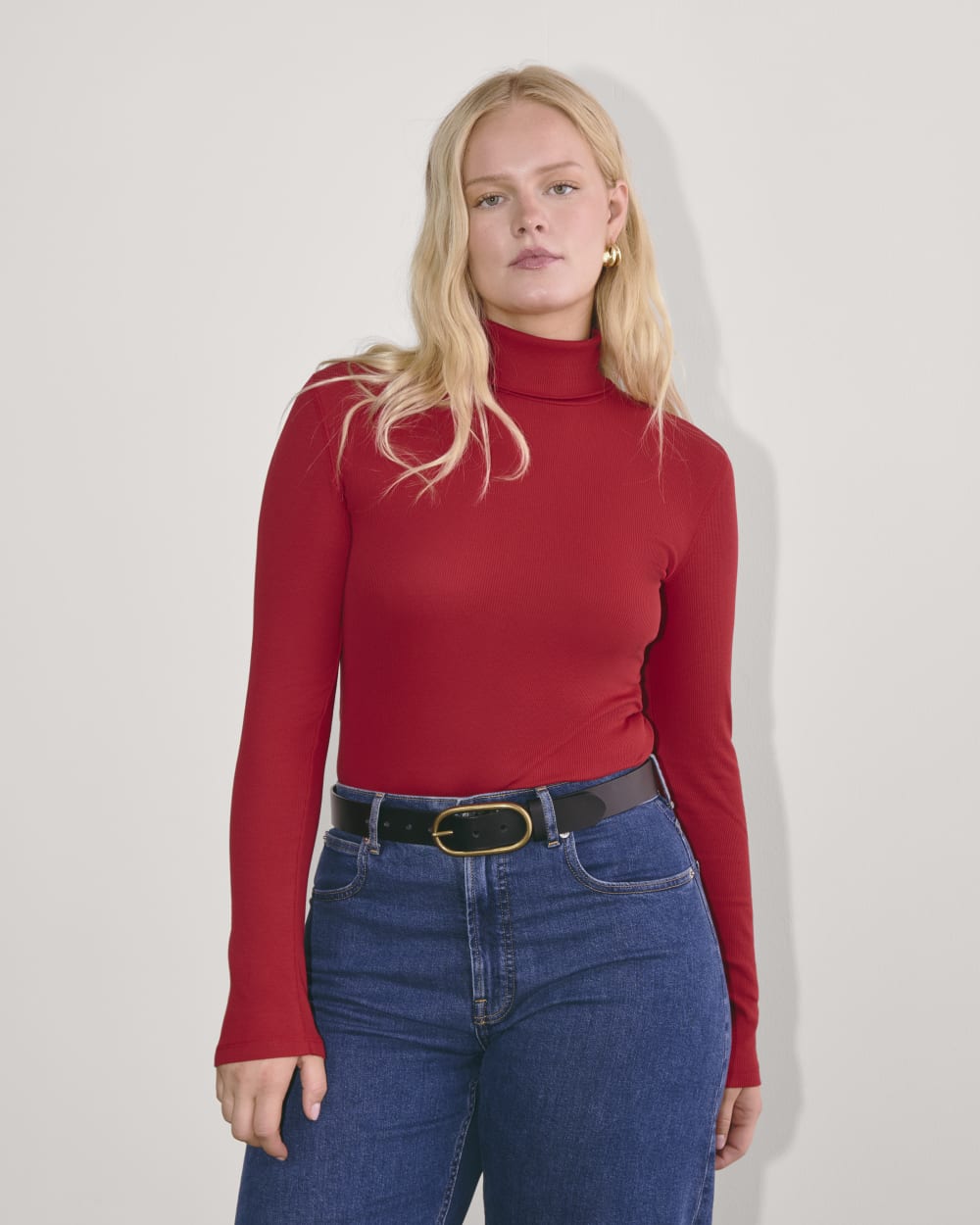 The Luxe Rib Turtleneck in Berry Red — front view