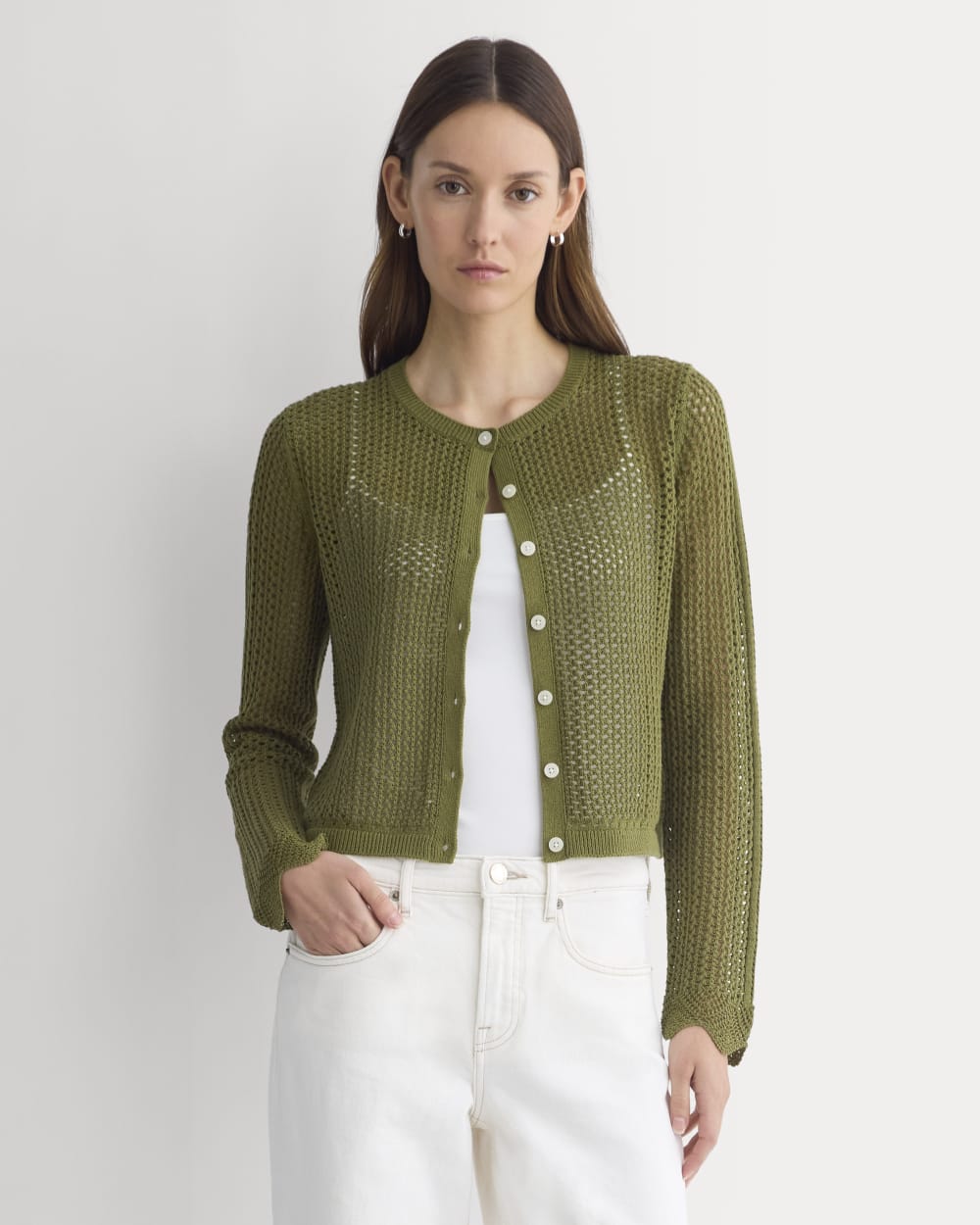 Lace-Knit Cardigan in Mayfly — front view