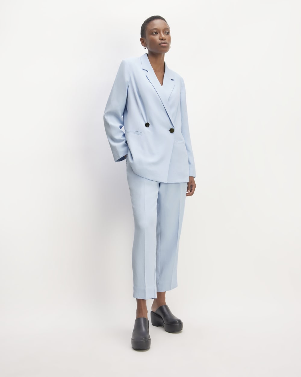 The Drapey Blazer in Chambray Blue — detail view