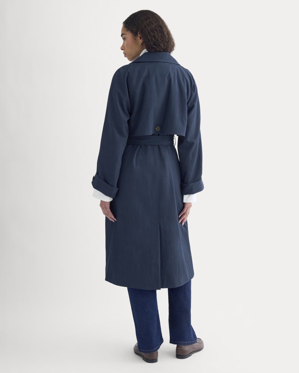 Drapey Twill Trench in Navy — detail view