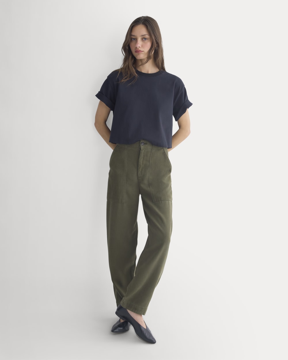 Patch Pocket Ballon Pant in Buttersoft in Olive Night — detail view